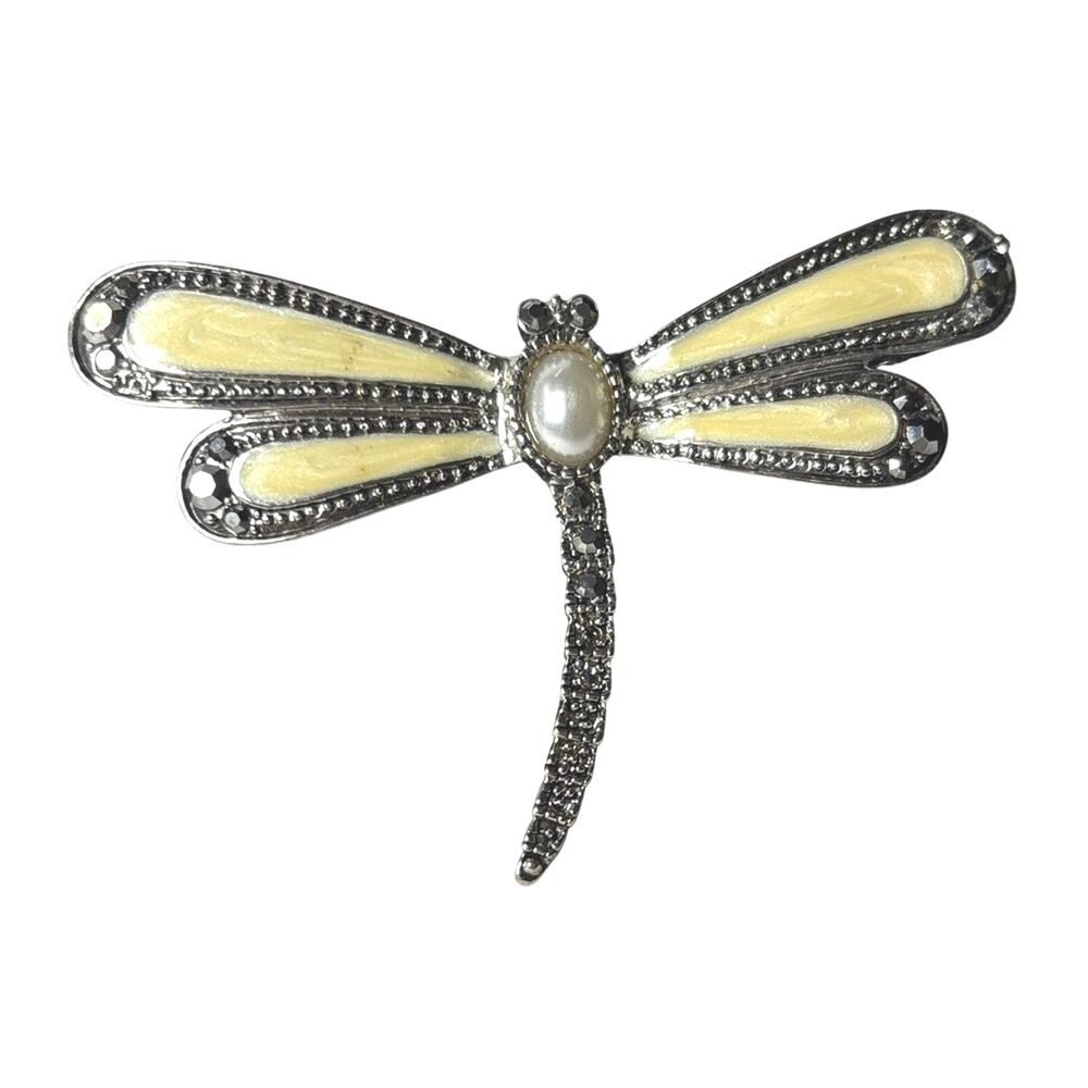 Vintage Liz Claiborne Dragonfly Brooch Cream Enamel Faux Pearl Marcasite Pin
